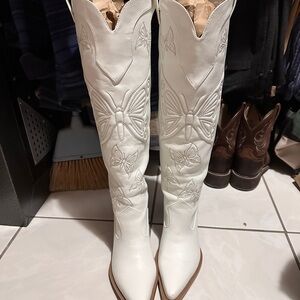 White Embroidered Knee-High Western Boots